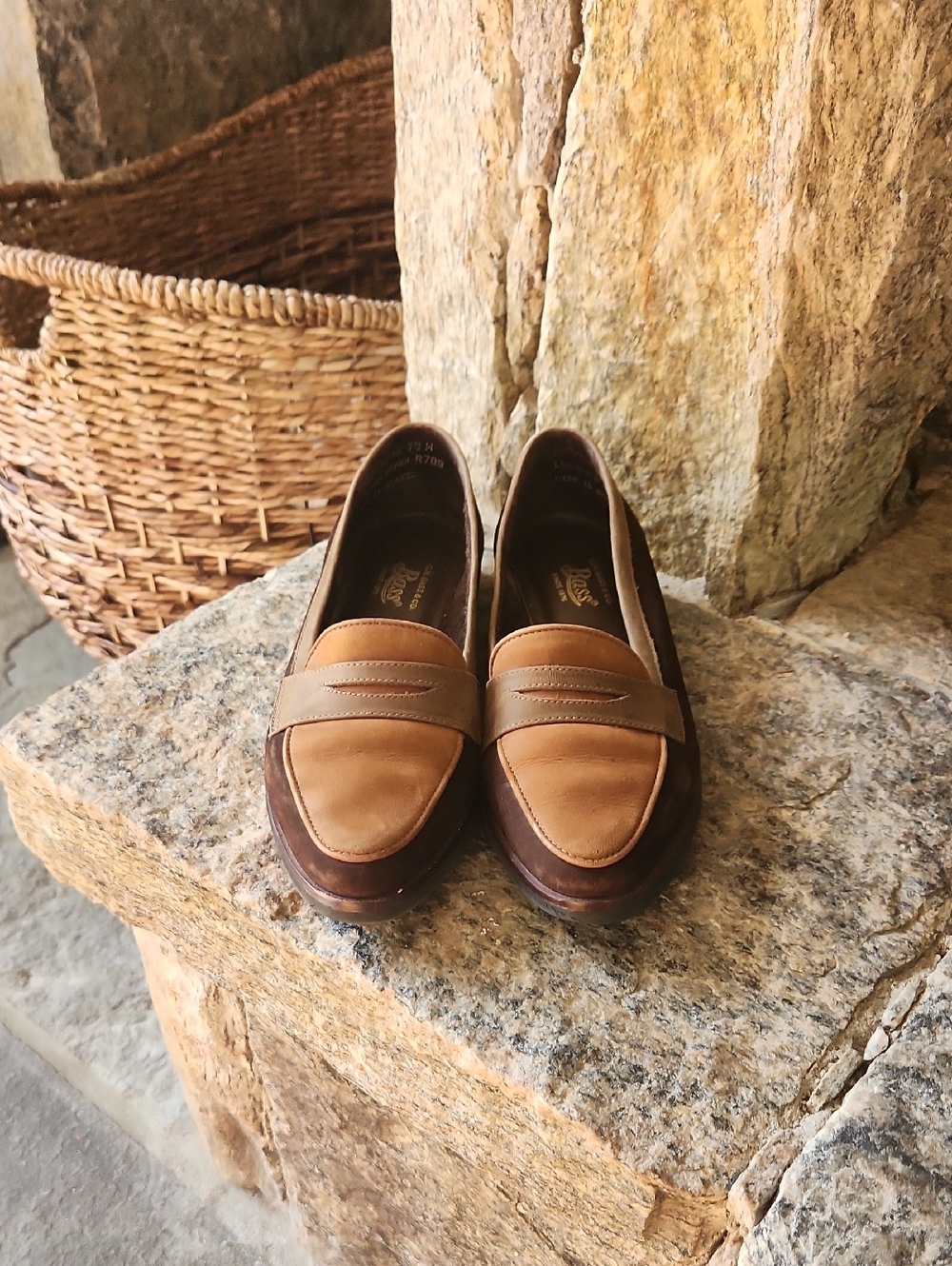 GH Bass Classic Two-Tone Leather Loafers in Tan and Brown.
